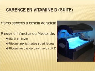Homo sapiens a besoin de soleil!
Risque d’Infarctus du Myocarde:
53 % en hiver
Risque aux latitudes supérieures
Risque en cas de carence en vit D
 