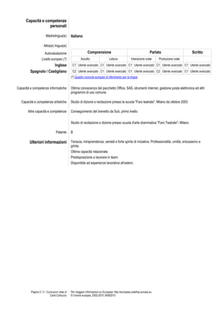 Capacità e competenze
personali
Madrelingua(e)

Italiano

Altra(e) lingua(e)

Comprensione

Autovalutazione
Livello europeo (*)

Ascolto

Lettura

Parlato
Interazione orale

Scritto

Produzione orale

Inglese

C1 Utente avanzato C1 Utente avanzato C1 Utente avanzato C1 Utente avanzato C1 Utente avanzato

Spagnolo / Castigliano

C2 Utente avanzato C1 Utente avanzato C1 Utente avanzato C2 Utente avanzato C1 Utente avanzato
(*) Quadro comune europeo di riferimento per le lingue

Capacità e competenze informatiche

Capacità e competenze artistiche
Altre capacità e competenze

Ottima conoscenza del pacchetto Office, SAS, strumenti internet, gestione posta elettronica ed altri
programmi di uso comune
Studio di dizione e recitazione presso la scuola "Faro teatrale", Milano da ottobre 2003
Conseguimento del brevetto da Sub, primo livello.
Studio di recitazione e dizione presso scuola d'arte drammatica "Faro Teatrale"- Milano

Patente

B

Ulteriori informazioni Tenacia, intraprendenza, serietà e forte spirito di iniziativa. Professionalità, umiltà, entusiasmo e
grinta.

Ottima capacità relazionale.
Predisposizione a lavorare in team.
Disponibile ad esperienze lavorative all’estero.

Pagina 3 / 3 - Curriculum vitae di
Carla Carluccio

Per maggiori informazioni su Europass: http://europass.cedefop.europa.eu
© Unione europea, 2002-2010 24082010

 