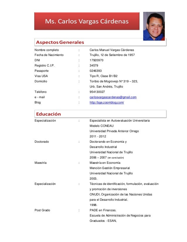 Modelo De Curriculum Vitae Vendedor - Cv Carlos Vargas Cardenas 1 638 