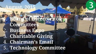 August, 2015
1. Board of Directors on
Committees
2. Business Expo
3. Charitable Giving
4. Chairman’s Email
5. Technology Committee
 