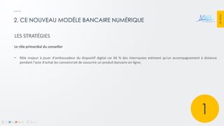 PAGE 30 
2. CE NOUVEAU MODÈLE BANCAIRE NUMÉRIQUE 
LES STRATÉGIES Le rôle primordial du conseiller 
•Rôle majeur à jouer d'ambassadeur du dispositif digital car 66 % des internautes estiment qu'un accompagnement à distance pendant l'acte d'achat les convaincrait de souscrire un produit bancaire en ligne; 
1  