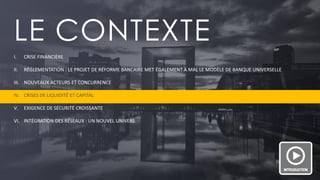 PAGE 6 
LE CONTEXTE 
I.CRISE FINANCIÈRE 
II.RÉGLEMENTATION : LE PROJET DE RÉFORME BANCAIRE MET ÉGALEMENT À MAL LE MODÈLE DE BANQUE UNIVERSELLE 
III.NOUVEAUX ACTEURS ET CONCURRENCE 
IV.CRISES DE LIQUIDITÉ ET CAPITAL 
V.EXIGENCE DE SÉCURITÉ CROISSANTE 
VI.INTÉGRATION DES RÉSEAUX : UN NOUVEL UNIVERS  