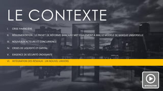 PAGE 8 
LE CONTEXTE 
I.CRISE FINANCIÈRE 
II.RÉGLEMENTATION : LE PROJET DE RÉFORME BANCAIRE MET ÉGALEMENT À MAL LE MODÈLE DE BANQUE UNIVERSELLE 
III.NOUVEAUX ACTEURS ET CONCURRENCE 
IV.CRISES DE LIQUIDITÉ ET CAPITAL 
V.EXIGENCE DE SÉCURITÉ CROISSANTE 
VI.INTÉGRATION DES RÉSEAUX : UN NOUVEL UNIVERS  