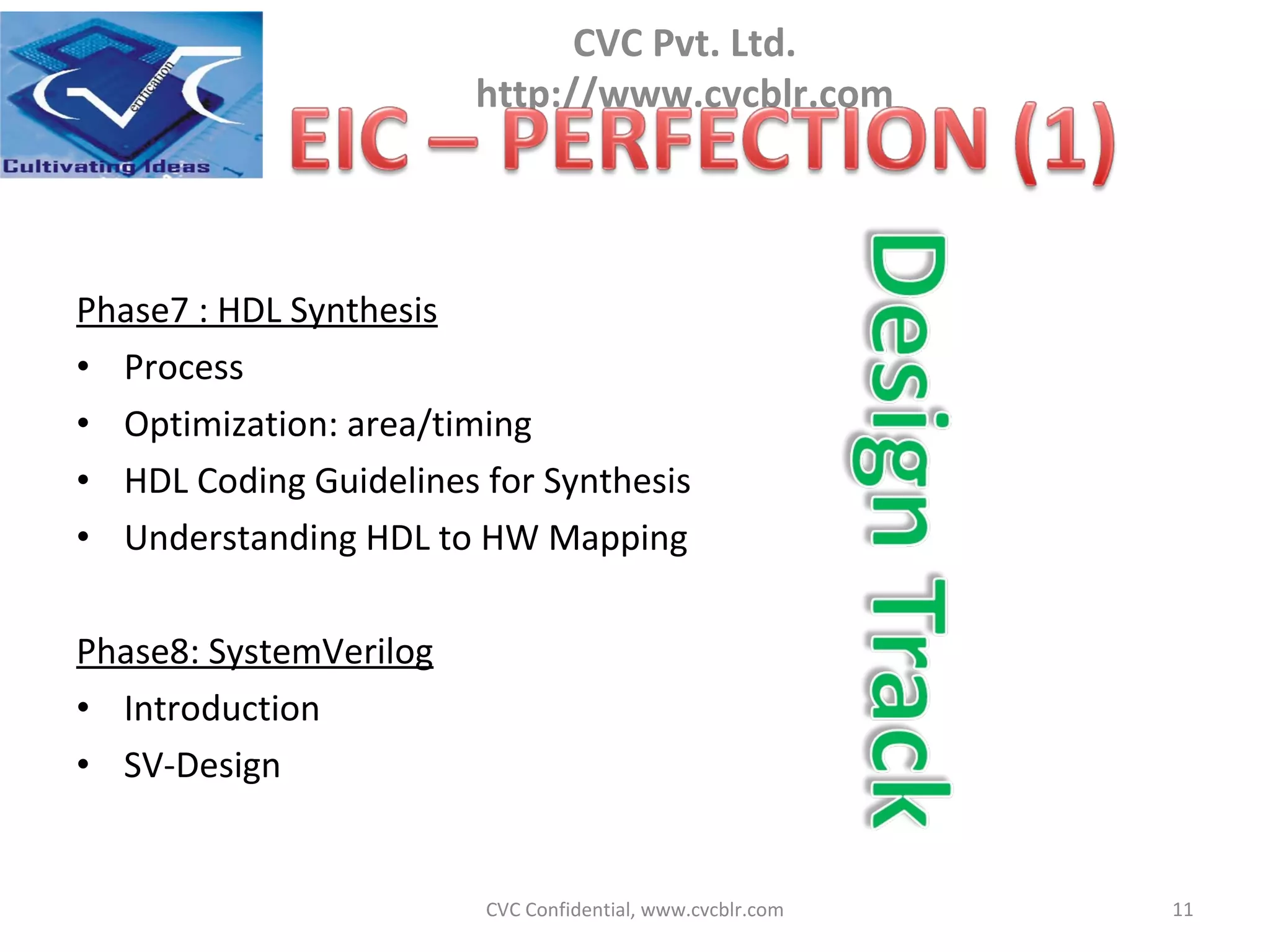 Phase7 : HDL Synthesis Process Optimization: area/timing HDL Coding Guidelines for Synthesis Understanding HDL to HW Mapping Phase8: SystemVerilog Introduction  SV-Design CVC Confidential, www.cvcblr.com 