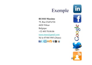 Exemple
RUSSO Massimo
79, Rue Chiff d’Or
4420 Tilleur
Belgique
+32 495/70.88.06
russo.mass@gmail.com
Né le 07/04/1985 (26ans)




                           29
 
