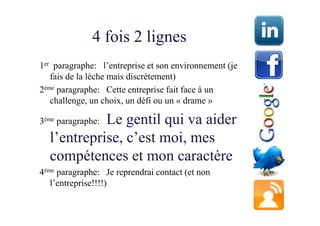 4 fois 2 lignes
1er paragraphe: l’entreprise et son environnement (je
   fais de la lèche mais discrètement)
2ème paragraphe: Cette entreprise fait face à un
   challenge, un choix, un défi ou un « drame »

            Le gentil qui va aider
3ème paragraphe:

  l’entreprise, c’est moi, mes
  compétences et mon caractère
4ème paragraphe: Je reprendrai contact (et non
   l’entreprise!!!!)
 
