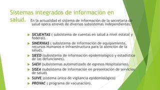 Sistemas integrados de información en
salud. En la actualidad el sistema de información de la secretaria de
salud opera atreves de diversos subsistemas independientes:










SICUENTAS ( subsistema de cuentas en salud a nivel estatal y
federal).
SINERHIAS ( subsistema de información de equipamiento,
recursos Humanos e infraestructura para la atención de la
salud).
SIEED (subsistema de información epidemiológico y estadístico
de las defunciones).
SAEH (subsistemas automatizado de egresos Hospitalarios).
SISEA (subsistema de información en presentación de servicios
de salud)
SUIVE (sistema único de vigilancia epidemiológico)
PROVAC ( programa de vacunación).

 