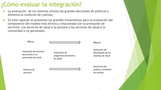 ¿Cómo evaluar la integración?


La evaluación de los sistemas orienta las grandes decisiones de políticas y
alimenta la rendición de cuentas.



En este capitulo se presentan los grandes lineamientos para la evaluación del
componente del modelo mas directo y relacionado con la prestación de
servicios. Los servicios de salud a la persona y los servicios de salud a la
comunidad o no personales.

Micro

Evaluación de servicios
personales y no
personales de salud

Gerencia de
servicios

Macro

Evaluación de
programas prioritarios
de salud

Evaluación de
desempeño de los
sistemas de salud

Decisiones de
política y rendición
de cuentas

 