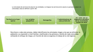 La red estatal de servicios de salud en las entidades, la integran los servicios de la salud a la persona y salud a la
comunidad, estas se definen a partir del:

Territorio en el que
operan

Las variables
geográficas

Demografías

Y administrativas de
cada jurisdicción

Así como por un
diagnostico periódico
de las necesidades
locales de salud

Para llevar a cabo este proceso, deben identificarse los principales riesgos a los que se enfrenten la
población y su expresión a nivel familiar, clasificando a las personas y familia de cada comunidad,
utilizando el enfoque de riesgo y en función de este se organiza el trabajo de la red regional.

 