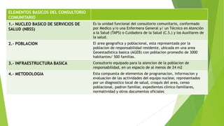 ELEMENTOS BASICOS DEL CONSULTORIO
COMUNITARIO
1.- NUCLEO BASICO DE SERVICIOS DE
SALUD (NBSS)

Es la unidad funcional del consultorio comunitario, conformado
por Medico y/o una Enfermera General y/ un Técnico en Atención
a la Salud (TAPS) o Cuidadora de la Salud (C.S.) y los Auxiliares de
la salud.

2.- POBLACION

El area geografica y poblacional, esta representada por la
poblacion de responsabilidad residente, ubicada en una area
Geoestadistica basica (AGEB) con poblacion promedio de 3000
habitantes/ 500 familias.

3.- INFRAESTRUCTURA BASICA

Consultorio equipado para la atencion de la poblacion de
responsabilidad, en un espacio de al menos de 24 m2

4.- METODOLOGIA

Esta compuesta de elementos de programacion, informacion y
evaluacion de las actividades del equipo nuclear, representados
por un diagnostico local de salud, croquis del area, censo
poblacional, padron familiar, expedientes clinico-familiares,
normatividad y otros documentos oficiales

 