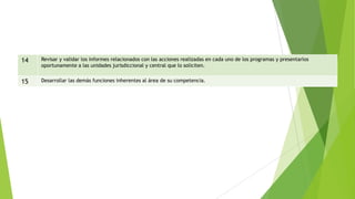14

Revisar y validar los informes relacionados con las acciones realizadas en cada uno de los programas y presentarlos
oportunamente a las unidades jurisdiccional y central que lo soliciten.

15

Desarrollar las demás funciones inherentes al área de su competencia.

 