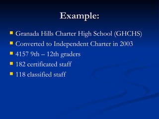 Example: Granada Hills Charter High School (GHCHS) Converted to Independent Charter in 2003 4157 9th – 12th graders 182 certificated staff 118 classified staff 