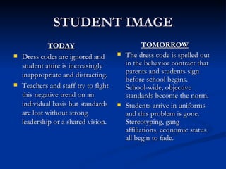 STUDENT IMAGE TODAY Dress codes are ignored and student attire is increasingly inappropriate and distracting. Teachers and staff try to fight this negative trend on an individual basis but standards are lost without strong leadership or a shared vision. TOMORROW The dress code is spelled out in the behavior contract that parents and students sign before school begins.  School-wide, objective standards become the norm. Students arrive in uniforms and this problem is gone.  Stereotyping, gang affiliations, economic status all begin to fade.  