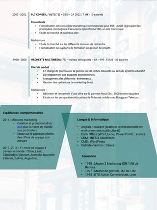 PL7 CONSEIL / ALTI (75) – SSII – CA 2002 : 7 M€ - 10 salariés
Consultante
• Formalisation de la stratégie marketing et commerciale pour EDF, un GIE regroupant les
principales compagnies d'assurance (plateforme EDI), un site touristique
• Etude de marché et business plan
Réalisations
• Etude de marché sur les différents moteurs de recherche
• Formalisation de supports de formation en gestion de projets
HACHETTE MULTIMEDIA (75) – éditeur de logiciels – CA 1999 : 12 M€ - 35 salariés
Chef de produit
• En charge de promouvoir la gamme de CD-ROMS éducatifs au sein du système éducatif
• Développement des supports promotionnels.
• Management des différents événements.
• Gestion des opérations de marketing direct.
Réalisations :
• Définition et lancement d’une offre sur la gamme Atout Clic : 5000 écoles équipées
• Etude sur les perspectives éducatives de l’internet mobile avec Bouygues Telecom.
2000 - 2002
1998 - 2000
Expériences complémentaires
2014 : Missions marketing
• Création et promotion d’un
site pour la vente de viande
aux particuliers.
• Etude sur le parcours clients
des offres de voyage sur-
mesure
2013 -2014 : 11 mois de voyage à
travers le monde : Chine, Laos,
Cambodge, Vietnam, Australie, Nouvelle-
Zélande, Bolivie, Argentine,…
Langue & Informatique
• Anglais : courant (pratique professionnelle en
environnement multiculturel)
• Pack Office (Word, Excel, Power Point) : avancé
• CRM : INES & Salesforce
• CMS : WordPress
• Outil de création : Canva
Formation
• 1998 : Master 2 Marketing, IGR / IAE de
Rennes
• 1997 : Master de gestion, IAE de Lille
• 1995 : BTS Action Commerciale, Lyon
 