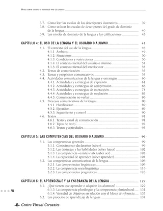 MARCO COMÚN EUROPEO DE REFERENCIA PARA LAS LENGUAS




                          3.7. Cómo leer las escalas de los descriptores ilustrativos........................                            39
                          3.8. Cómo utilizar las escalas de descriptores del grado de dominio
                               de la lengua ......................................................................................       40
                          3.9. Los niveles de dominio de la lengua y las calificaciones ...................                              43

     CAPÍTULO 4: EL USO DE LA LENGUA Y EL USUARIO O ALUMNO.................................. 47
                          4.1. El contexto del uso de la lengua .......................................................                  48
                               4.1.1. Ámbitos..................................................................................          49
                               4.1.2. Situaciones .............................................................................          50
                               4.1.3. Condiciones y restricciones ....................................................                   50
                               4.1.4. El contexto mental del usuario o alumno ...............................                            54
                               4.1.5. El contexto mental del interlocutor ........................................                       55
                          4.2. Temas de comunicación ...................................................................                 55
                          4.3. Tareas y propósitos comunicativos ...................................................                     57
                          4.4. Actividades comunicativas de la lengua y estrategias ........................                             60
                               4.4.1. Actividades y estrategias de expresión ....................................                        61
                               4.4.2. Actividades y estrategias de comprensión...............................                            68
                               4.4.3. Actividades y estrategias de interacción..................................                         74
                               4.4.4. Actividades y estrategias de mediación ...................................                         85
                               4.4.5. Comunicación no verbal ........................................................                    86
                          4.5. Procesos comunicativos de la lengua ................................................                      88
                               4.5.1. Planificación...........................................................................           89
                               4.5.2. Ejecución ...............................................................................          89
                               4.5.3. Seguimiento y control ............................................................                 90
                          4.6. Textos ...............................................................................................    91
                               4.6.1. Texto y canal de comunicación ..............................................                       91
                               4.6.2. Tipos de texto ........................................................................            93
                               4.6.3. Textos y actividades................................................................               95

     CAPÍTULO 5: LAS COMPETENCIAS DEL USUARIO O ALUMNO ...................................... 99
                          5.1. Las competencias generales ..............................................................                 99
                               5.1.1. Conocimiento declarativo (saber) ...........................................                       99
                               5.1.2. Las destrezas y las habilidades (saber hacer) ..........................                          102
                               5.1.3. La competencia «existencial» (saber ser) ................................                         103
                               5.1.4. La capacidad de aprender (saber aprender) ............................                            104
                          5.2. Las competencias comunicativas de la lengua...................................                           106
                               5.2.1. Las competencias lingüísticas .................................................                   106
                               5.2.2. La competencia sociolingüística .............................................                     116
                               5.2.3. Las competencias pragmáticas ................................................                     120

     CAPÍTULO 6: EL APRENDIZAJE Y LA ENSEÑANZA DE LA LENGUA ................................ 129
                          6.1. ¿Qué tienen que aprender o adquirir los alumnos? ..........................                              129
VI                             6.1.3. La competencia plurilingüe y la competencia pluricultural ....                                    131
                               6.1.4. Variedad de objetivos en relación con el Marco de referencia ....                                 133
                          6.2. Los procesos de aprendizaje de lenguas............................................                       137

     Centro Virtual Cervantes
 