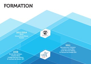 Baccalauréat Littéraire 
mention Assez Bien 
Lycée Bernard Palissy 
St Léonard de Noblat (87) 
DEUG 
Université de Nîmes 
Vauban 
Brevet des collèges 
mention Bien 
Collège Bernard Palissy 
St Léonard de Noblat (87) 
2011/2014 
2011 
2008 
FORMATION 
 