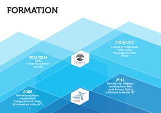 Baccalauréat Littéraire 
mention Assez Bien 
Lycée Bernard Palissy 
St Léonard de Noblat (87) 
Licence Arts Appliqués 
3ème année 
Université de Nîme 
Hoche 
DEUG 
Université de Nîmes 
Vauban 
Brevet des collèges 
mention Bien 
Collège Bernard Palissy 
St Léonard de Noblat (87) 
2011/2014 
2014/2015 
2011 
2008 
FORMATION 
 