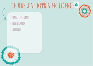 Ce que j’ai appris en licence 
Travail de groupe 
Organisation 
 