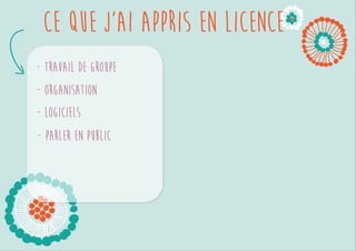 Ce que j’ai appris en licence 
Travail de groupe 
Organisation 
Logiciels 
 