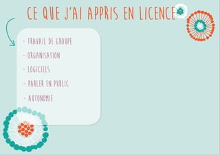 Ce que j’ai appris en licence 
Travail de groupe 
Organisation 
Logiciels 
Parler en public 
 