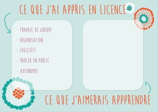 Ce que j’ai appris en licence 
Ce que j’aimerais appprendre 
Travail de groupe 
Organisation 
Logiciels 
Parler en public 
Autonomie 
 