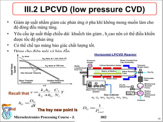 18Microelectronics Processing Course - J. Salzman - Jan. 2002
• Giảm áp suất nhằm giảm các phản ứng ở pha khí không mong muốn làm cho
độ đòng đều màng tăng.
• Yêu cầu áp suất thấp chiều dài khuếch tán giảm , hgcao nên có thể điều khiển
được tốc độ phản ứng
• Có thể chế tạo màng bảo giác chất lượng tốt.
• Dùng cho điện môi và bán dẫn.
III.2 LPCVD (low pressure CVD)
Y
N
C
hk
hk
v T
GS
GS
1+
=
δ
G
G
D
h =
Recall that
and The key new point isThe key new point is total
G
P
D
1
∝
 