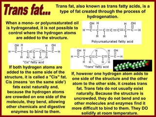 Trans fat, also known as trans fatty acids, is a
type of fat created through the process of
hydrogenation.
When a mono- or polyunsaturated oil
is hydrogenated, it is not possible to
control where the hydrogen atoms
are added to the structure.
If both hydrogen atoms are
added to the same side of the
structure, it is called a "Cis" fat.
Cis (means ‘on the same side’)
fats exist naturally and,
because the hydrogen atoms
are crowded on one side of the
molecule, they bend, allowing
other chemicals and digestive
enzymes to bind to them.
If, however one hydrogen atom adds to
one side of the structure and the other
atom to the other side, it creates trans
fat. Trans fats do not usually exist
naturally. Because the structure is
uncrowded, they do not bend and so
other molecules and enzymes find it
more difficult to bind to them. They DO
solidify at room temperature.
 