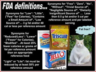 Synonyms for "Free": "Zero", "No",
"Without", "Trivial Source of",
"Negligible Source of", "Dietarily
Insignificant Source of" … Less
than 0.5 g fat and/or 5 cal per
reference amount and per labeled
serving
Synonyms for "Low“: "Little",
("Few" for Calories), "Contains
a Small Amount of", "Low
Source of“… 3 g fat and/or 40
cal or less per reference amount
Synonyms for
"Reduced/Less“: "Lower"
("Fewer" for Calories),
“Modified”…At least 25%
fewer calories or grams of
fat per reference amount
than an appropriate
reference food
"Light" or "Lite": fat must be
reduced by at least 50% per
reference amount
Fat free?
FDA: U.S. Food & Drug Administration
 