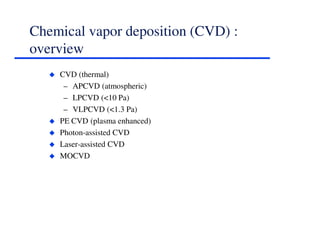 Chemical vapor deposition (CVD) :
overview
CVD (thermal)
– APCVD (atmospheric)
– LPCVD (<10 Pa)
– VLPCVD (<1.3 Pa)
PE CVD (plasma enhanced)
Photon-assisted CVD
Laser-assisted CVD
MOCVD
 