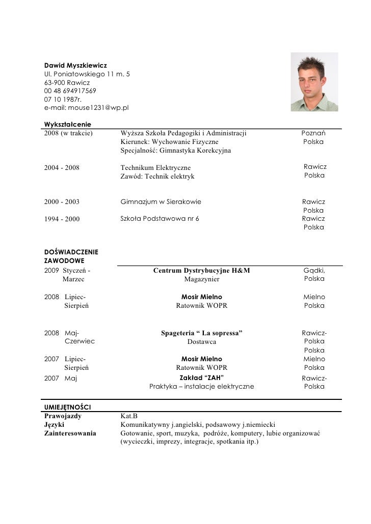 cv dawid myszkiewicz cv uk wzor