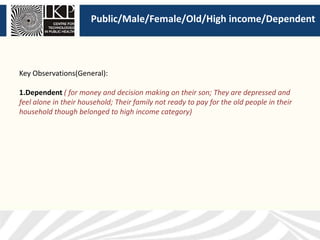 Public/Male/Female/Old/High income/Dependent
Key Observations(General):
1.Dependent ( for money and decision making on their son; They are depressed and
feel alone in their household; Their family not ready to pay for the old people in their
household though belonged to high income category)
 