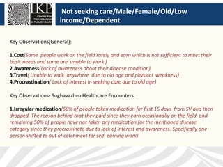 Not seeking care/Male/Female/Old/Low
income/Dependent
Key Observations(General):
1.Cost(Some people work on the field rarely and earn which is not sufficient to meet their
basic needs and some are unable to work )
2.Awareness(Lack of awareness about their disease condition)
3.Travel( Unable to walk anywhere due to old age and physical weakness)
4.Procrastination( Lack of interest in seeking care due to old age)
Key Observations- Sughavazhvu Healthcare Encounters:
1.Irregular medication(50% of people taken medication for first 15 days from SV and then
dropped. The reason behind that they paid since they earn occasionally on the field and
remaining 50% of people have not taken any medication for the mentioned disease
category since they procrastinate due to lack of interest and awareness. Specifically one
person shifted to out of catchment for self earning work)
 