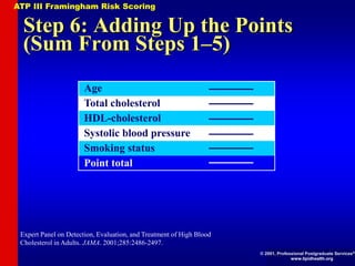 Step 6: Adding Up the Points
(Sum From Steps 1–5)
Expert Panel on Detection, Evaluation, and Treatment of High Blood
Cholesterol in Adults. JAMA. 2001;285:2486-2497.
Age
Total cholesterol
HDL-cholesterol
Systolic blood pressure
Smoking status
Point total
ATP III Framingham Risk Scoring
© 2001, Professional Postgraduate Services®
www.lipidhealth.org
 