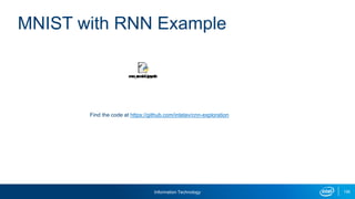 Information Technology 106
MNIST with RNN Example
Find the code at https://github.com/intelav/cnn-exploration
 