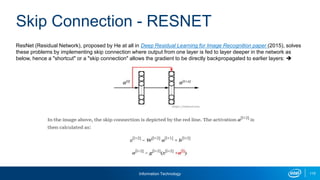 Information Technology 115
ResNet (Residual Network), proposed by He at all in Deep Residual Learning for Image Recognition paper (2015), solves
these problems by implementing skip connection where output from one layer is fed to layer deeper in the network as
below, hence a "shortcut" or a "skip connection" allows the gradient to be directly backpropagated to earlier layers: 
Skip Connection - RESNET
 