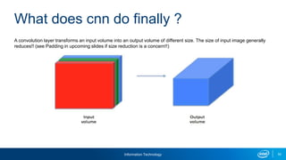 Information Technology 32
A convolution layer transforms an input volume into an output volume of different size. The size of input image generally
reduces!! (see Padding in upcoming slides if size reduction is a concern!!)
What does cnn do finally ?
 
