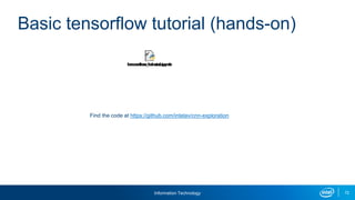 Information Technology 72
Basic tensorflow tutorial (hands-on)
Find the code at https://github.com/intelav/cnn-exploration
 