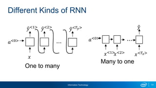Information Technology 101
Different Kinds of RNN
One to many
𝑎<0>
𝑥
𝑦<1>
𝑦<2>
𝑦<𝑇𝑦>
⋯
𝑥<2>
𝑥<𝑇𝑥>
𝑎<0>
𝑥<1>
𝑦
⋯
Many to one
 