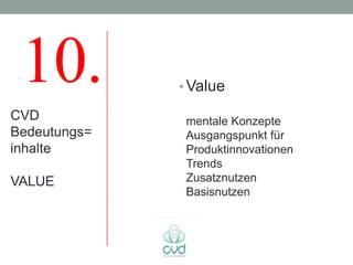 10.          • Value

CVD            mentale Konzepte
Bedeutungs=    Ausgangspunkt für
inhalte        Produktinnovationen
               Trends
VALUE          Zusatznutzen
               Basisnutzen
 