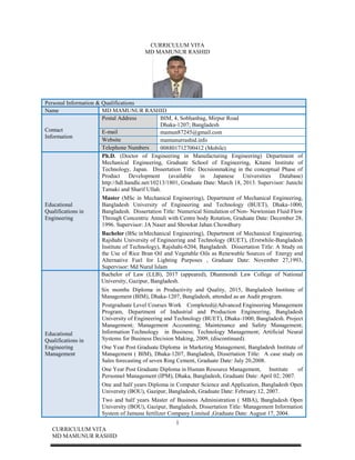 1
CURRICULUM VITA
MD MAMUNUR RASHID
CURRICULUM VITA
MD MAMUNUR RASHID
Personal Information & Qualifications
MD MAMUNUR RASHIDName
BIM, 4, Sobhanbag, Mirpur Road
Dhaka-1207; Bangladesh
Postal Address
Contact
Information
mamun87245@gmail.comE-mail
mamunurrashid.infoWebsite
008801712700412 (Mobile)Telephone Numbers
Ph.D. (Doctor of Engineering in Manufacturing Engineering) Department of
Mechanical Engineering, Graduate School of Engineering, Kitami Institute of
Technology, Japan. Dissertation Title: Decisionmaking in the conceptual Phase of
Product Development (available in Japanese Universities Database)
http://hdl.handle.net/10213/1801, Graduate Date: March 18, 2013. Supervisor: Junichi
Tamaki and Sharif Ullah.
Master (MSc in Mechanical Engineering), Department of Mechanical Engineering,
Bangladesh University of Engineering and Technology (BUET), Dhaka-1000,
Bangladesh. Dissertation Title: Numerical Simulation of Non- Newtonian Fluid Flow
Through Concentric Annuli with Centre body Rotation, Graduate Date: December 28,
1996. Supervisor: JA Naser and Showkat Jahan Chowdhury
Bachelor (BSc inMechanical Engineering), Department of Mechanical Engineering,
Rajshahi University of Engineering and Technology (RUET), (Erstwhile-Bangladesh
Institute of Technology), Rajshahi-6204, Bangladesh. Dissertation Title: A Study on
the Use of Rice Bran Oil and Vegetable Oils as Renewable Sources of Energy and
Alternative Fuel for Lighting Purposes , Graduate Date: November 27,1993,
Supervisor: Md Nurul Islam
Educational
Qualifications in
Engineering
Bachelor of Law (LLB), 2017 (appeared), Dhanmondi Law College of National
University, Gazipur, Bangladesh.
Six months Diploma in Productivity and Quality, 2015, Bangladesh Institute of
Management (BIM), Dhaka-1207, Bangladesh, attended as an Audit program.
Postgraduate Level Courses Work Completed@Advanced Engineering Management
Program, Department of Industrial and Production Engineering, Bangladesh
University of Engineering and Technology (BUET), Dhaka-1000, Bangladesh. Project
Management; Management Accounting; Maintenance and Safety Management;
Information Technology in Business; Technology Management; Artificial Neural
Systems for Business Decision Making, 2009, (discontinued).
One Year Post Graduate Diploma in Marketing Management, Bangladesh Institute of
Management ( BIM), Dhaka-1207, Bangladesh, Dissertation Title: A case study on
Sales forecasting of seven Ring Cement, Graduate Date: July 20,2008.
One Year Post Graduate Diploma in Human Resource Management, Institute of
Personnel Management (IPM), Dhaka, Bangladesh, Graduate Date: April 02, 2007.
One and half years Diploma in Computer Science and Application, Bangladesh Open
University (BOU), Gazipur, Bangladesh, Graduate Date: February.12, 2007.
Two and half years Master of Business Administration ( MBA), Bangladesh Open
University (BOU), Gazipur, Bangladesh, Dissertation Title: Management Information
System of Jamuna fertilizer Company Limited ,Graduate Date: August 17, 2004.
Educational
Qualifications in
Engineering
Management
 