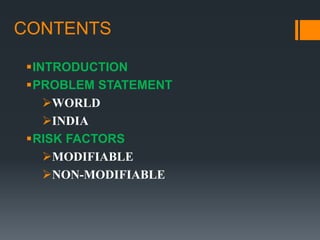 CONTENTS
INTRODUCTION
PROBLEM STATEMENT
WORLD
INDIA
RISK FACTORS
MODIFIABLE
NON-MODIFIABLE
 