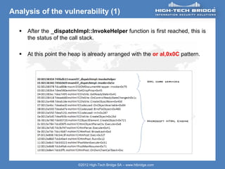 ORIGINAL SWISS ETHICAL HACKING
Your texte here ….
©2012 High-Tech Bridge SA – www.htbridge.com
Analysis of the vulnerability (1)
 After the _dispatchImpl::InvokeHelper function is first reached, this is
the status of the call stack.
 At this point the heap is already arranged with the or al,0x0C pattern.
 