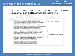 ORIGINAL SWISS ETHICAL HACKING
Your texte here ….
©2012 High-Tech Bridge SA – www.htbridge.com
Analysis of the vulnerability (4)
 This is the call stack when the function
_dispatchImpl::InvokeHelper is hit the second time:
 