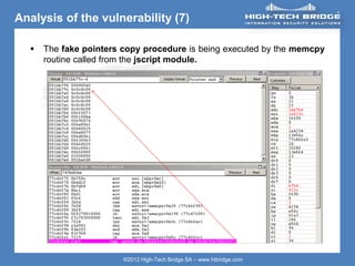 ORIGINAL SWISS ETHICAL HACKING
Your texte here ….
©2012 High-Tech Bridge SA – www.htbridge.com
Analysis of the vulnerability (7)
 The fake pointers copy procedure is being executed by the memcpy
routine called from the jscript module.
 