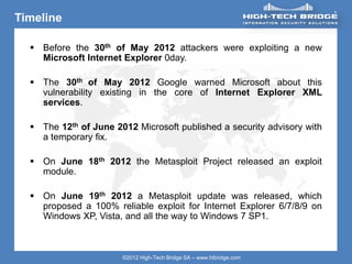 ORIGINAL SWISS ETHICAL HACKING
Your texte here ….
©2012 High-Tech Bridge SA – www.htbridge.com
Timeline
 Before the 30th of May 2012 attackers were exploiting a new
Microsoft Internet Explorer 0day.
 The 30th of May 2012 Google warned Microsoft about this
vulnerability existing in the core of Internet Explorer XML
services.
 The 12th of June 2012 Microsoft published a security advisory with
a temporary fix.
 On June 18th 2012 the Metasploit Project released an exploit
module.
 On June 19th 2012 a Metasploit update was released, which
proposed a 100% reliable exploit for Internet Explorer 6/7/8/9 on
Windows XP, Vista, and all the way to Windows 7 SP1.
 