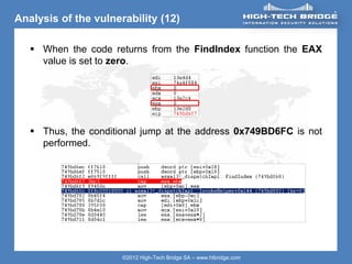 ORIGINAL SWISS ETHICAL HACKING
Your texte here ….
©2012 High-Tech Bridge SA – www.htbridge.com
Analysis of the vulnerability (12)
 When the code returns from the FindIndex function the EAX
value is set to zero.
 Thus, the conditional jump at the address 0x749BD6FC is not
performed.
 