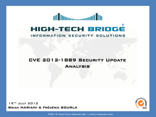 Your texte here ….




         CVE 2012-1889 Security Update
                   Analysis




19th July 2012
Brian MARIANI &ETHICAL HACKING
 ORIGINAL SWISS Frédéric BOURLA
                 ©2012 High-Tech Bridge SA – www.htbridge.com
 
