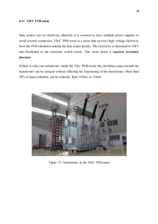 30
6.11 33kV TNB room
Data centers run on electricity, therefore it is essential to have multiple power supplies to
avoid severed connection. 33kV TNB room is a room that receives high voltage electricity
from the TNB substation outside the data center facility. The electricity is decreased to 33kV
and distributed to the consumer switch rooms. This room serves a required secondary
function.
If there is only one transformer inside the 33kv TNB room, the circulation space around the
transformer can be reduced without affecting the functioning of the transformer. More than
20% of space reduction can be achieved, from 145m2, to 116m2.
Figure 27: Transformer in the 33kV TNB room
 