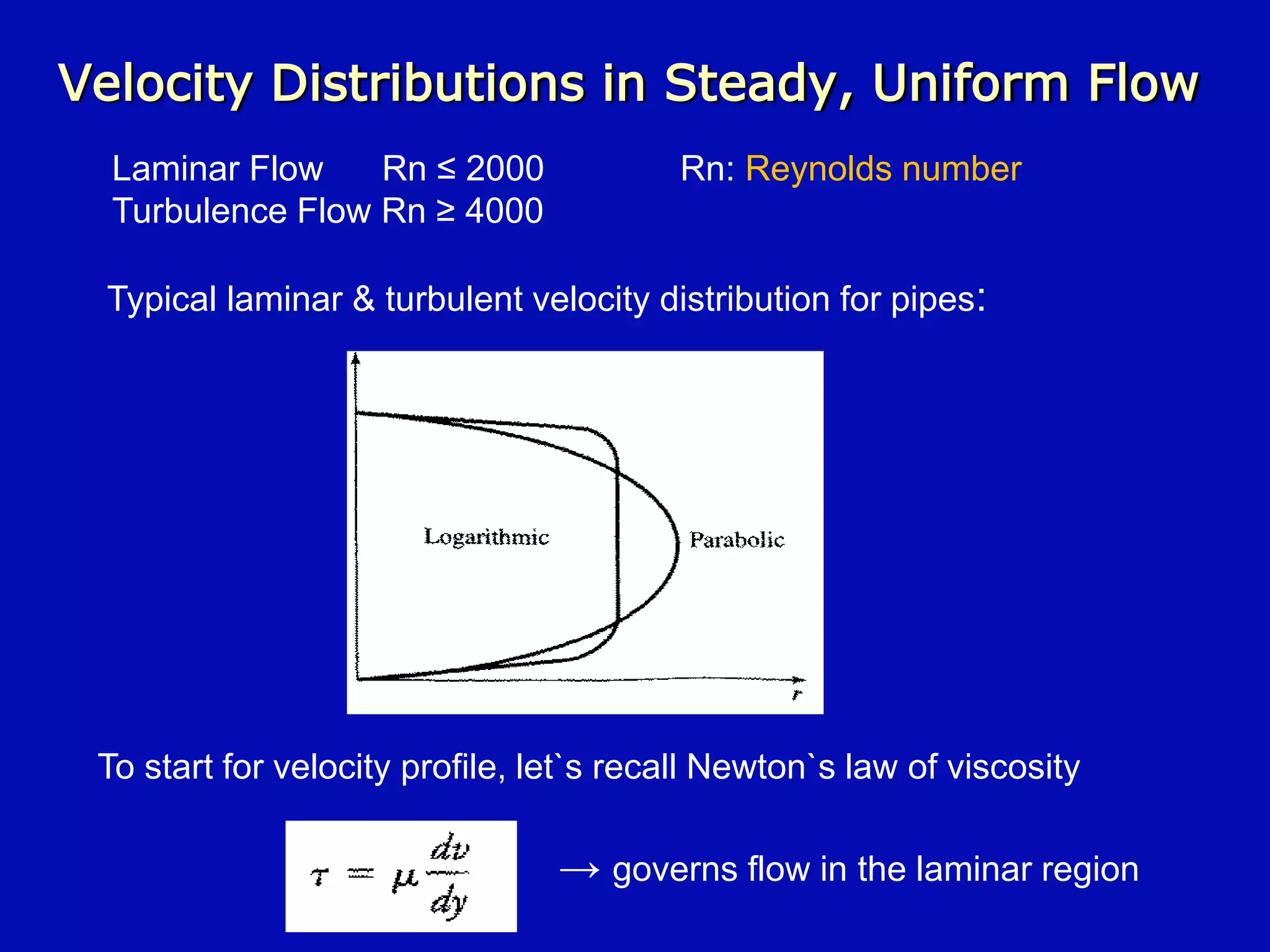 Velocity Distributions in Steady, Uniform Flow
Typical laminar & turbulent velocity distribution for pipes:
To start for velocity profile, let`s recall Newton`s law of viscosity
→ governs flow in the laminar region
Laminar Flow Rn ≤ 2000 Rn: Reynolds number
Turbulence Flow Rn ≥ 4000
 