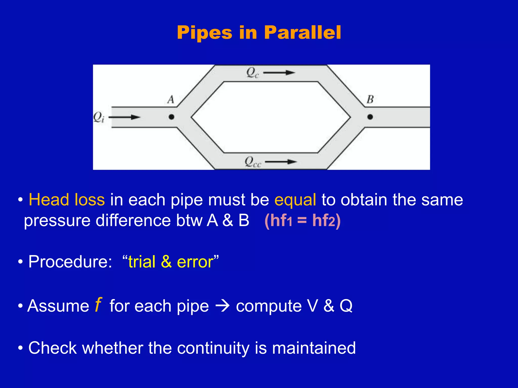 Pipes in Parallel
• Head loss in each pipe must be equal to obtain the same
pressure difference btw A & B (hf1 = hf2)
• Procedure: “trial & error”
• Assume f for each pipe  compute V & Q
• Check whether the continuity is maintained
 